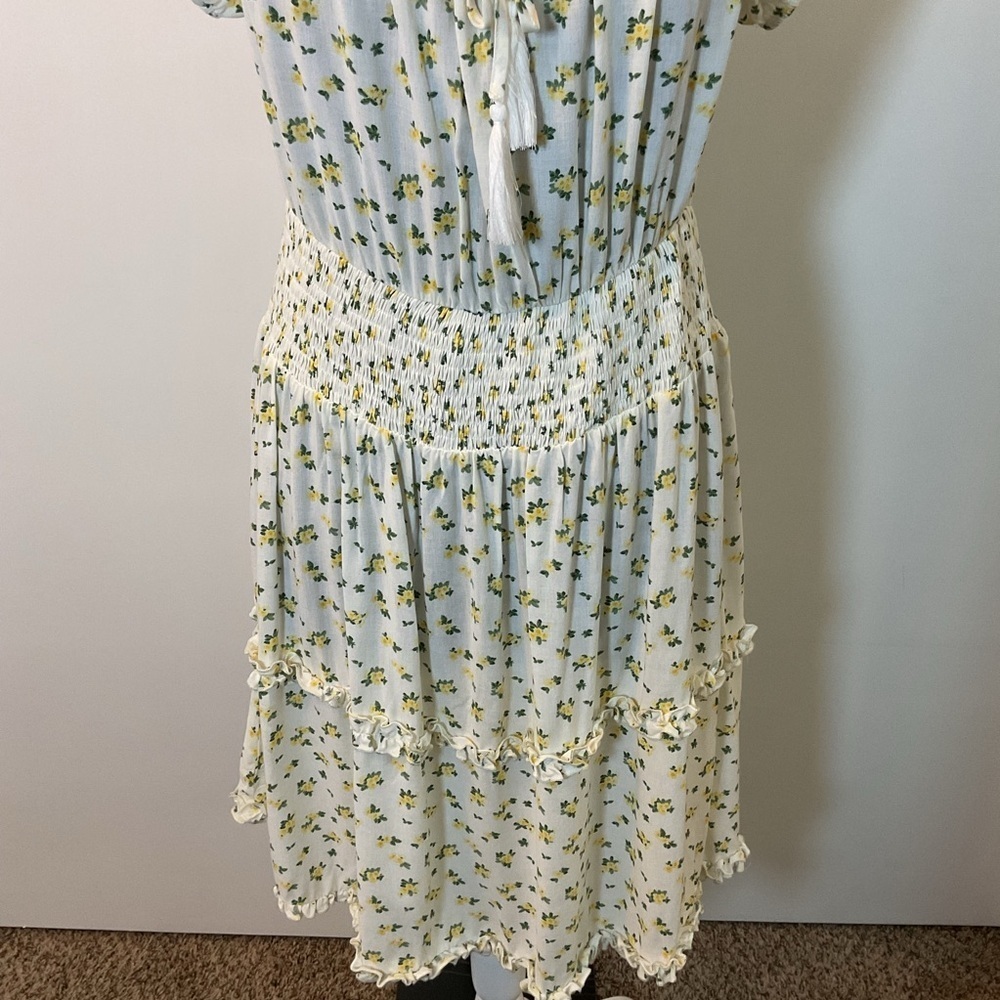 Justily Cream Green Floral Smocked Midi Sundress 1X Flutter Sleeve Cottagecore - Picture 3 of 7